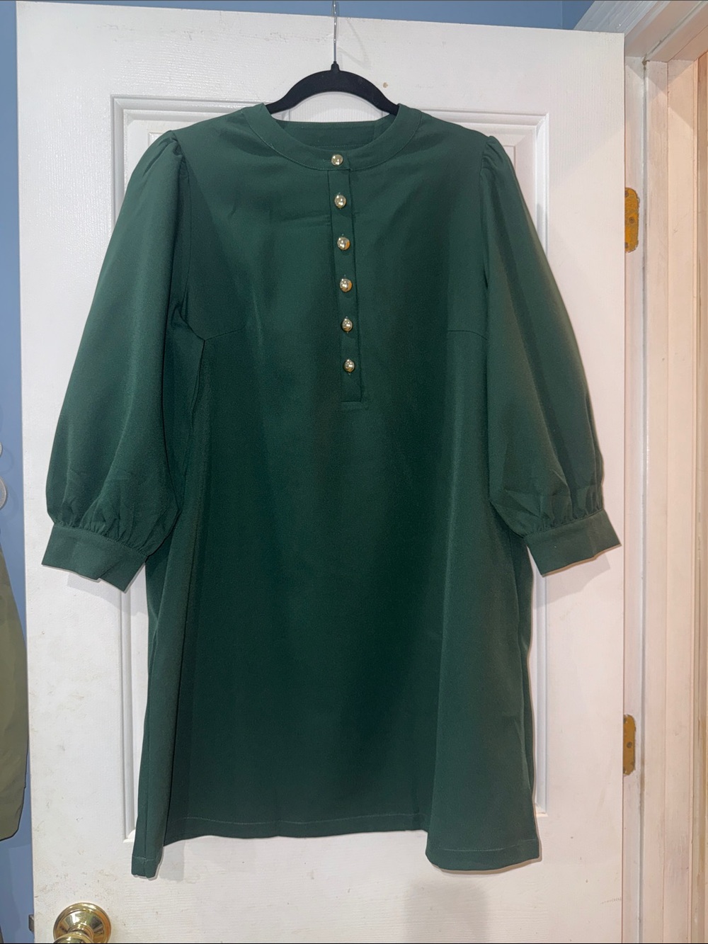Forest Green Button-Front Puff Sleeve Dress